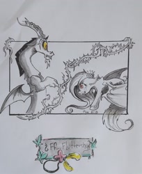 Size: 1833x2243 | Tagged: safe, artist:alom-b93, discord, fluttershy, bat pony, draconequus, pony, g4, bat ponified, fanfic art, female, flutterbat, male, mare, race swap, traditional art