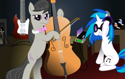 Size: 3411x2168 | Tagged: safe, alternate version, artist:almaustral, dj pon-3, octavia melody, vinyl scratch, earth pony, pony, unicorn, g4, bow (instrument), cello, duo, female, high res, mare, musical instrument, sunglasses