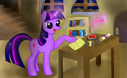 Size: 3500x2176 | Tagged: safe, artist:almaustral, twilight sparkle, pony, unicorn, g4, book, colt, erlenmeyer flask, female, flask, glowing horn, high res, horn, indoors, magic, male, mare, open mouth, raised hoof, smiling, solo, telekinesis, unicorn twilight