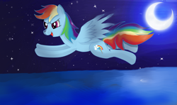 Size: 3303x1953 | Tagged: safe, artist:almaustral, rainbow dash, pegasus, pony, g4, backwards cutie mark, crescent moon, female, flying, mare, moon, night, open mouth, outdoors, solo, stars