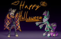 Size: 2500x1600 | Tagged: safe, artist:chu-and-sparky-127, oc, oc:firework spark, pegasus, pikachu, pony, anthro, digitigrade anthro, anthro with ponies, chest fluff, duo, female, happy halloween, mare, mummy costume, pegasus oc, pokémon, rearing, wings