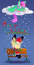 Size: 1200x2300 | Tagged: safe, artist:chu-and-sparky-127, oc, oc only, oc:firework spark, pegasus, pikachu, pony, anthro, digitigrade anthro, anthro with ponies, bench, christmas, clothes, cloud, duo, female, hat, holiday, lying down, mare, merry christmas, on a cloud, pegasus oc, pokémon, prone, santa hat, scarf, sitting, snow, wings