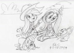 Size: 1054x758 | Tagged: safe, artist:spongefox, apple bloom, applejack, fluttershy, butterfly, rabbit, g4, animal, cloud, crossover, female, grayscale, guitar, monochrome, musical instrument, traditional art, trio, wander over yonder