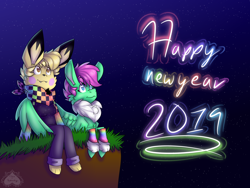 Size: 1600x1200 | Tagged: safe, artist:chu-and-sparky-127, oc, oc:firework spark, pegasus, pikachu, pony, anthro, digitigrade anthro, anthro with ponies, chest fluff, clothes, duo, female, happy new year 2019, looking up, lying down, mare, neckerchief, night, pants, pegasus oc, pokémon, prone, stars, wings