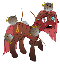 Size: 3296x3543 | Tagged: safe, artist:ladytechna, oc, oc only, oc:bahari, oc:bug-zapper, oc:pissy, oc:pokey, earth pony, fish, pony, puffer fish, female, high res, literal butthurt, mare, pain, simple background, story in the source, transparent background