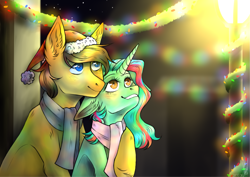 Size: 3065x2167 | Tagged: safe, artist:cappifilk, oc, oc:figure eight, earth pony, pony, unicorn, christmas, clothes, high res, holiday, scarf, yellow eyes