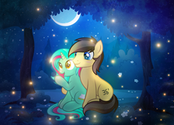 Size: 2697x1941 | Tagged: safe, artist:rish_loo, oc, oc only, oc:figure eight, earth pony, firefly (insect), insect, pony, unicorn, blue eyes, flower, forest, moon, tree, yellow eyes