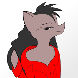 Size: 512x512 | Tagged: safe, artist:kody wiremane, oc, oc only, oc:blackie wiremane, earth pony, pony, semi-anthro, adult, arm hooves, avatar, bangs, bedroom eyes, clothes, dark hair, dark mane, dark skin, fang out, girly, girly stallion, gradient background, hair flip, lip bite, long hair, long hair male, long mane, long mane male, male, off shoulder, raised eyebrow, red clothes, simple coloring, smiling, smiling at you, solo, stallion, waving