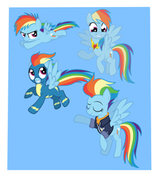Size: 3046x3374 | Tagged: safe, artist:squipycheetah, part of a set, rainbow dash, pegasus, pony, mlp fim's tenth anniversary, g4, the last problem, blue background, clothes, dashstorm, element of loyalty, eyes closed, female, filly, filly rainbow dash, flying, happy, happy birthday mlp:fim, high res, looking back, looking down, looking up, mare, multeity, older, older rainbow dash, raised eyebrow, raised hoof, self paradox, self ponidox, simple background, smiling, uniform, windswept mane, wonderbolts uniform, younger