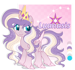 Size: 1280x1199 | Tagged: safe, artist:blazenly-obvious, artist:mint-light, oc, oc only, oc:luanasis, alicorn, pony, alicorn oc, base used, color palette, crown, ear piercing, earring, ethereal mane, female, horn, jewelry, magical lesbian spawn, offspring, parent:sunset shimmer, parent:twilight sparkle, parents:sunsetsparkle, piercing, princess, regalia, simple background, smiling, solo, starry mane, transparent background, unshorn fetlocks, wings