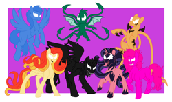 Size: 2200x1300 | Tagged: safe, artist:spyro-for-life, applejack, fluttershy, pinkie pie, rainbow dash, rarity, spike, twilight sparkle, oc, oc:hysteria (symbiote), oc:slasher (symbiote), alicorn, dragon, earth pony, pegasus, pony, unicorn, fanfic:symbioteverse tales, fanfic:the symbiote, g4, agony (symbiote), alternate hairstyle, crossover, fanfic art, fangs, female, flying, grin, lasher (symbiote), male, mane seven, mane six, mare, non-pony oc, open mouth, phage (symbiote), raised hoof, raised leg, scream (symbiote), smiling, spider-man, symbiote, tongue out, twilight sparkle (alicorn), venom, winged spike, wings