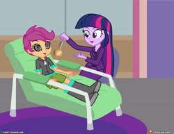 Size: 4000x3090 | Tagged: safe, artist:dieart77, scootaloo, twilight sparkle, equestria girls, g4, boots, chair, clothes, commission, duo, duo female, female, high res, hypnosis, hypnotized, open mouth, open smile, pocket watch, psychologist, shoes, shorts, sitting, smiling, swirly eyes