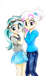Size: 691x1157 | Tagged: safe, artist:liaaqila, oc, oc only, oc:mona squiggles, oc:rym, human, equestria girls, g4, clothes, female, goggles, holding hands, humanized, jeans, pants, siblings, skirt, traditional art