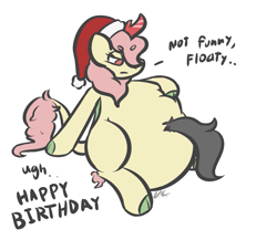 Size: 989x859 | Tagged: safe, artist:voraciouscutie, oc, oc:christmas kirin, oc:floaty, kirin, belly, belly button vore, big belly, birthday, christmas, holiday, huge belly, tail, tail sticking out, vore