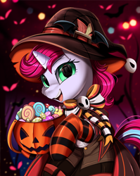 Size: 2550x3209 | Tagged: safe, artist:pridark, part of a set, oc, oc only, oc:blushrune, pony, unicorn, clothes, commission, female, halloween, hat, high res, holiday, jack-o-lantern, mare, open mouth, pumpkin, socks, solo, striped socks, witch hat, ych result