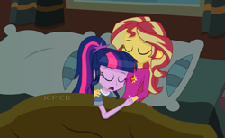 Size: 1169x717 | Tagged: safe, artist:jcpreactyt, sci-twi, sunset shimmer, twilight sparkle, equestria girls, g4, my little pony equestria girls: better together, bed, bedroom, bedroom eyes, clothes, cuddling, duo, duo female, female, glasses, lesbian, night, pajamas, pillow, pony pile, room, ship:sci-twishimmer, ship:sunsetsparkle, shipping, sleeping, sleeping together, window