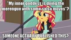 Size: 800x450 | Tagged: safe, edit, edited screencap, screencap, sunset shimmer, equestria girls, friendship games, g4, caption, confused, fifty shades of grey, image macro, journal, quote, solo, sunset's journal, text