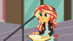 Size: 1920x1080 | Tagged: safe, screencap, sunset shimmer, equestria girls, friendship games, g4, journal, solo, sunset's journal