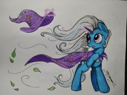 Size: 1008x756 | Tagged: safe, artist:josger1996, trixie, pony, g4, cape, clothes, hat, leaves, solo, traditional art, trixie's cape, trixie's hat, wind, windswept mane