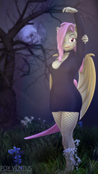 Size: 2160x3840 | Tagged: safe, artist:foxventus, fluttershy, bat pony, pegasus, anthro, unguligrade anthro, g4, 3d, bat ponified, breasts, flutterbat, hair over one eye, high res, looking at you, moon, race swap, solo, source filmmaker, species swap, tree