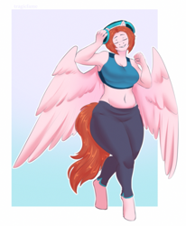 Size: 1677x2031 | Tagged: safe, artist:tragicfame, oc, oc only, oc:weathervane, pegasus, anthro, unguligrade anthro, belly, belly button, breasts, cleavage, clothes, commission, digital art, eyes closed, female, headphones, plump, simple background, smiling, solo, sports bra, tail, wings