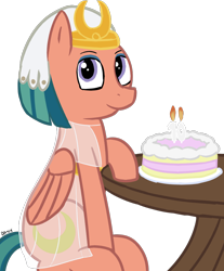 Size: 810x978 | Tagged: safe, artist:danwelo-vx, derpibooru exclusive, somnambula, pegasus, pony, mlp fim's tenth anniversary, g4, 10, cake, egyptian, egyptian headdress, egyptian pony, female, folded wings, food, happy birthday mlp:fim, headdress, mare, simple background, sitting, solo, table, transparent background, wings