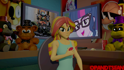 Size: 3840x2160 | Tagged: safe, artist:optimussparkle, sci-twi, sunset shimmer, twilight sparkle, robot, do it for the ponygram!, equestria girls, g4, my little pony equestria girls: better together, 3d, animatronic, anti-villain, cellphone, chair, clothes, coca-cola, computer, computer mouse, confident, crossover, five nights at freddy's, freddy fazbear, gamer girl, golden freddy, high res, implied lesbian, implied scitwishimmer, implied shipping, indie game, indoors, keyboard, lefty, looking at you, molten freddy, monitor, multicolored hair, one eyed, phone, scrap baby, shimmercode, sitting, smiling, smiling at you, source filmmaker, springtrap, sunglasses, tank top, tomboy, watermark, worms, yellow skin