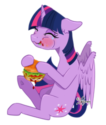 Size: 1024x1207 | Tagged: safe, artist:lailyren, twilight sparkle, alicorn, pony, blushing, burger, crying, cute, eating, eyes closed, food, hay burger, herbivore, ketchup, lettuce, majestic as fuck, messy eating, onion, sauce, simple background, solo, tears of joy, that pony sure does love burgers, tomato, transparent background, twiabetes, twilight burgkle, twilight sparkle (alicorn)