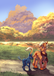 Size: 2500x3500 | Tagged: safe, artist:breloomsgarden, oc, oc only, oc:orobas, dog, dracony, dragon, hybrid, pony, autumn, clothes, duo, high res, horns, male, reflection, salawa, scarf, scenery, scenery porn, stallion