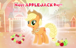 Size: 1280x807 | Tagged: safe, artist:andoanimalia, artist:estories, applejack, g4, apple, applejack day, food, older, older applejack, pear, removed eyebag edit, sweet apple acres