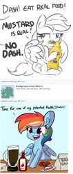 Size: 552x1300 | Tagged: safe, artist:tjpones edits, edit, rainbow dash, pegasus, pony, g4, anonymous, blender (object), blue background, derpibooru user, dialogue, female, food, ketchup, mare, mustard, offscreen character, rainbow dumb, rainbow mustard, salt, sauce, simple background, solo, that pony sure does love mustard, this will end in diarrhea, this will end in tears, this will not end well, toothpaste, white background