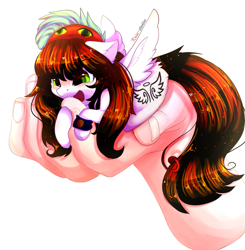 Size: 2197x2243 | Tagged: safe, artist:krissstudios, oc, oc only, oc:elizabeth, human, pegasus, pony, female, hand, high res, in goliath's palm, mare, micro, simple background, solo, white background