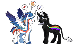 Size: 1280x783 | Tagged: safe, artist:lastnight-light, oc, oc:prisma, oc:radiant spectrum, alicorn, pony, unicorn, colored wings, curved horn, feathered fetlocks, female, horn, male, mare, multicolored wings, simple background, stallion, tail feathers, transparent background, wings