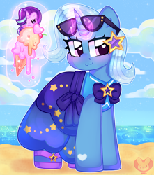 Size: 2656x3000 | Tagged: safe, artist:bunxl, starlight glimmer, trixie, pony, unicorn, equestria girls, equestria girls specials, g4, my little pony equestria girls: better together, my little pony equestria girls: forgotten friendship, beach, blushing, clothes, equestria girls outfit, ethereal mane, food, heart, heart eyes, high res, ice cream, ice cream cone, magic, magic aura, starry mane, sunglasses, wingding eyes