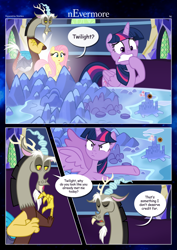 Size: 3259x4607 | Tagged: safe, artist:estories, discord, fluttershy, twilight sparkle, alicorn, draconequus, pegasus, pony, comic:nevermore, g4, comic, cutie map, cutie mark, speech bubble, teleportation, twilight sparkle (alicorn)