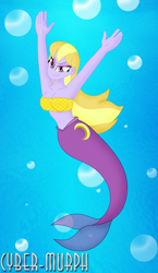 Size: 1560x2696 | Tagged: safe, artist:cyber-murph, lavender lace, mermaid, equestria girls, g4, my little pony equestria girls: rainbow rocks, armpits, arms in the air, background human, belly, belly button, bikini, bubble, clothes, evil smirk, fish scales, flowing hair, hands in the air, mermaidized, scales, signature, species swap, swimsuit, trixie and the illusions, underwater