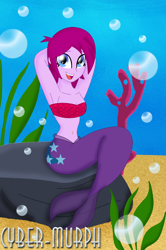 Size: 1404x2120 | Tagged: safe, artist:cyber-murph, fuchsia blush, mermaid, equestria girls, g4, my little pony equestria girls: rainbow rocks, arm behind head, armpits, background human, belly, belly button, belly piercing, bellyring, bikini, bubble, clothes, coral, fish scales, mermaidized, piercing, rock, scales, seaweed, short hair, signature, sitting, species swap, swimsuit, underwater