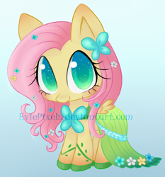 Size: 1540x1653 | Tagged: safe, artist:bunnini, fluttershy, pegasus, pony, chibi, clothes, colored pupils, cute, dress, female, gala dress, gradient background, looking at you, mare, shyabetes, solo, watermark