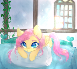 Size: 2000x1782 | Tagged: safe, artist:bunnini, fluttershy, pegasus, pony, g4, bed, cute, female, looking at you, lying down, mare, morning ponies, pillow, prone, shyabetes, smiling, solo