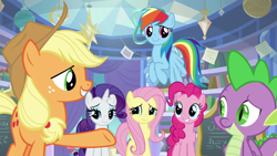 Size: 1920x1080 | Tagged: safe, screencap, applejack, fluttershy, pinkie pie, rainbow dash, rarity, spike, dragon, earth pony, pony, g4, the ending of the end, chalkboard, winged spike, wings