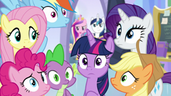 Size: 1920x1080 | Tagged: safe, screencap, applejack, fluttershy, pinkie pie, princess cadance, princess flurry heart, rainbow dash, rarity, shining armor, spike, twilight sparkle, alicorn, dragon, pegasus, pony, g4, the ending of the end, mane seven, mane six, twilight sparkle (alicorn), winged spike, wings