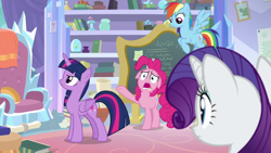 Size: 1920x1080 | Tagged: safe, screencap, pinkie pie, rainbow dash, rarity, twilight sparkle, alicorn, earth pony, pegasus, pony, g4, my little pony: friendship is magic, the ending of the end, book, chalkboard, floppy ears, twilight sparkle (alicorn)