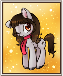 Size: 1972x2394 | Tagged: safe, artist:bunnini, oc, oc only, earth pony, pony, clothes, female, mare, one ear down, one eye closed, ponysona, scarf, solo, wink