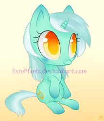 Size: 1484x1734 | Tagged: safe, artist:bunnini, lyra heartstrings, pony, unicorn, g4, blushing, chibi, colored pupils, cute, female, gradient background, lyrabetes, mare, sitting, solo, watermark