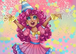 Size: 800x566 | Tagged: safe, artist:theladysknight, pinkie pie, human, g4, alternate hairstyle, clothes, confetti, dark skin, dress, ear piercing, earring, eyeshadow, female, hat, human coloration, humanized, jewelry, makeup, open mouth, party hat, piercing, solo