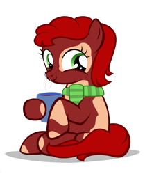 Size: 3900x4660 | Tagged: safe, artist:strategypony, oc, oc only, oc:chocolate belle, clothes, cup, female, filly, scarf, simple background, sitting, transparent background, younger