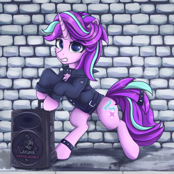 Size: 4200x4200 | Tagged: safe, artist:lakunae, starlight glimmer, pony, unicorn, g4, absurd file size, absurd resolution, alternate hairstyle, bipedal, clothes, edgelight glimmer, female, gameloft interpretation, jacket, looking at you, mare, piercing, punk, solo, speaker