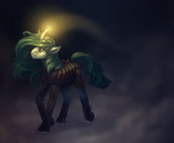 Size: 1920x1580 | Tagged: safe, artist:yarugreat, oc, oc only, oc:terryred, pony, unicorn, curved horn, green mane, horn, long mane, solo, unicorn oc, yellow eyes