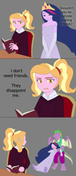 Size: 1729x3993 | Tagged: safe, artist:fantasygerard2000, luster dawn, spike, twilight sparkle, alicorn, dragon, human, anthro, equestria girls, g4, the last problem, book, chair, clothes, comic, crown, desk, dress, equestria girls-ified, gloves, green background, heart attack, human princess twilight, jewelry, older, older spike, older twilight, older twilight sparkle (alicorn), ponytail, princess twilight 2.0, regalia, simple background, twilight sparkle (alicorn)