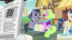 Size: 1280x720 | Tagged: safe, screencap, diamond cutter, horte cuisine, lavender bloom, savoir fare, earth pony, pony, fame and misfortune, g4, female, male, mare, newspaper, stallion
